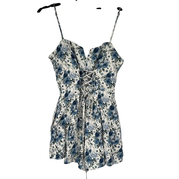 NEW Alterd State Floral Print Romper Womens Size M Blue Ivory Lace Up - Picture 1 of 11